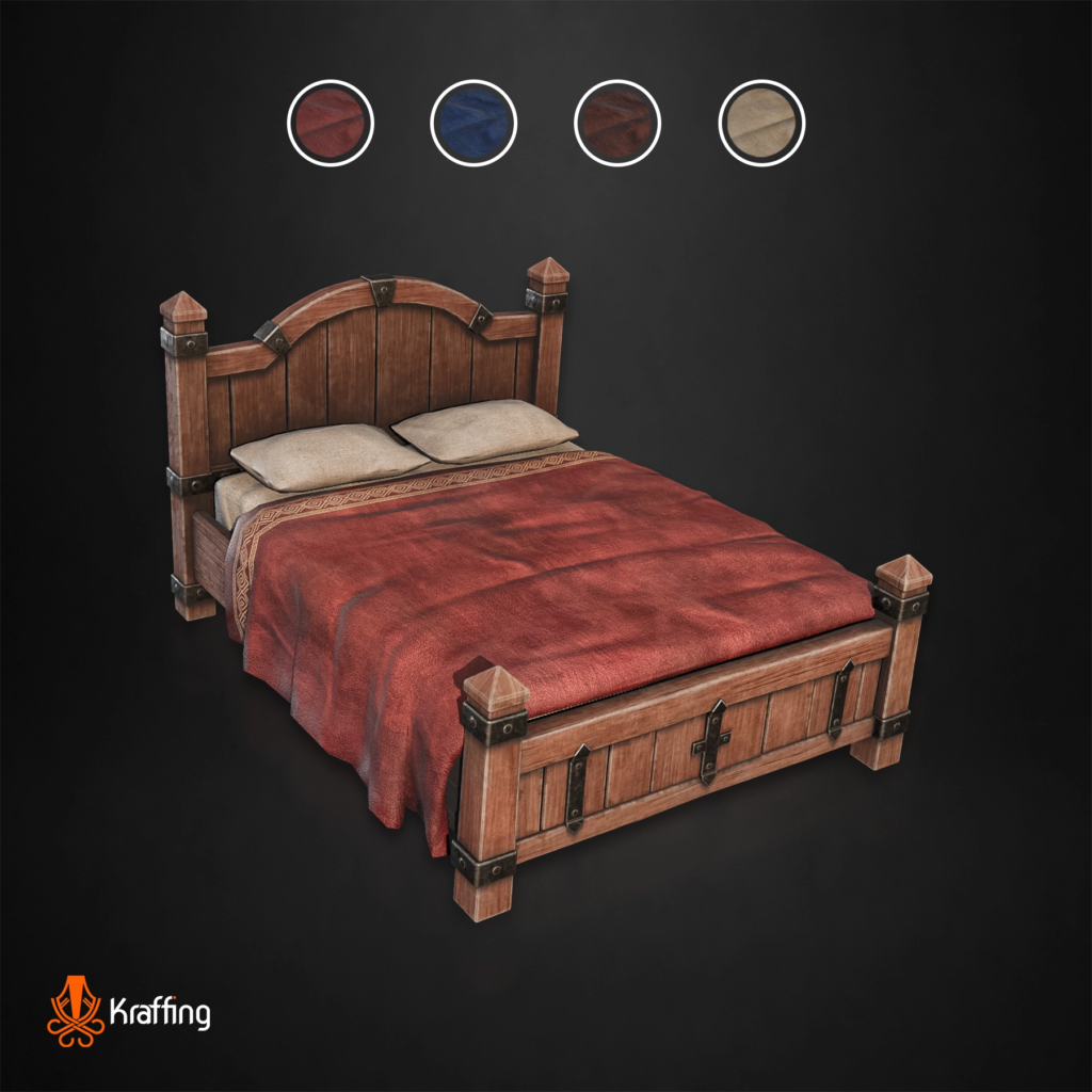 Medieval Wooden Bed V1 stylized low poly 3D model for Unity and Unreal Engine